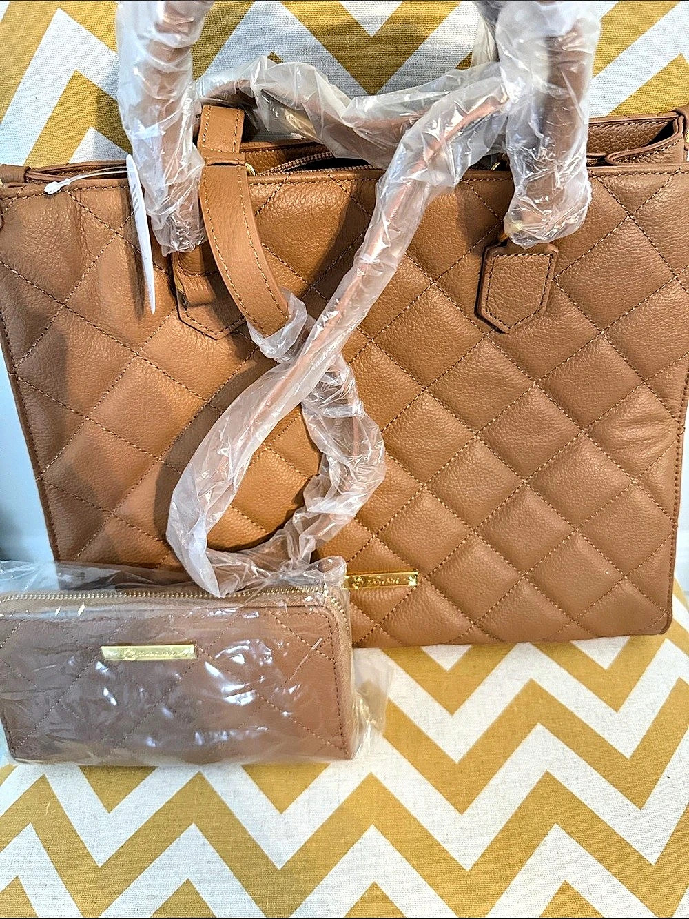 NWT Joy Mangano Leather Quilted Light Brown Handbag and Wallet